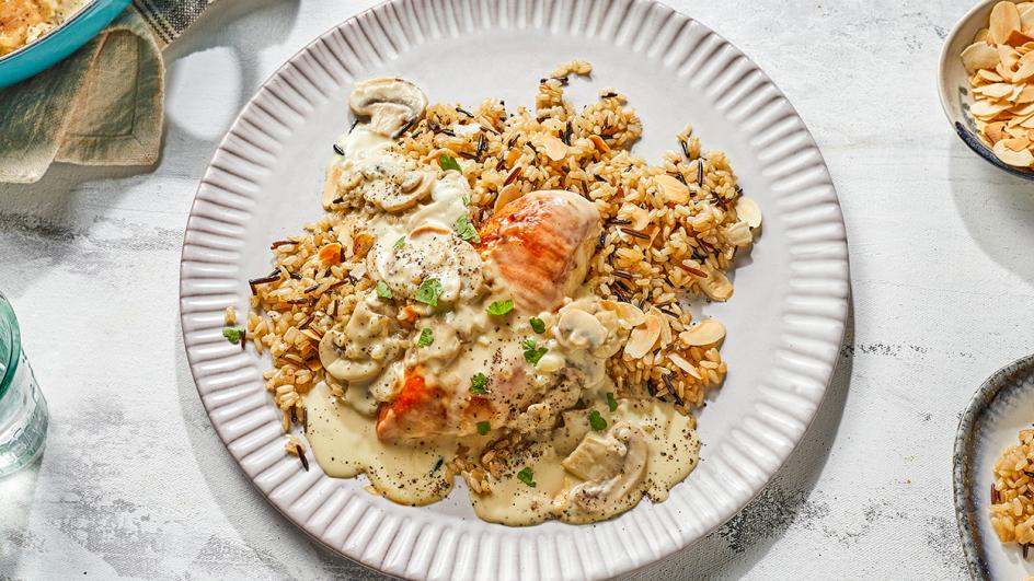 Roasted Chicken with Mushroom Ragout and Almonds Wild Rice