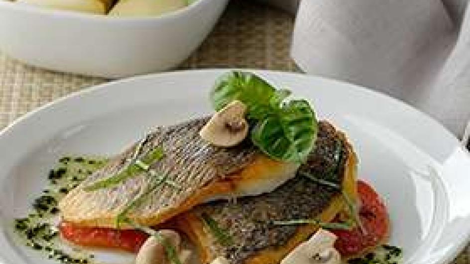 Sea Bass with Crispy Skin in Basil sauce