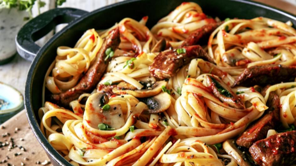 steak with mushroom pasta