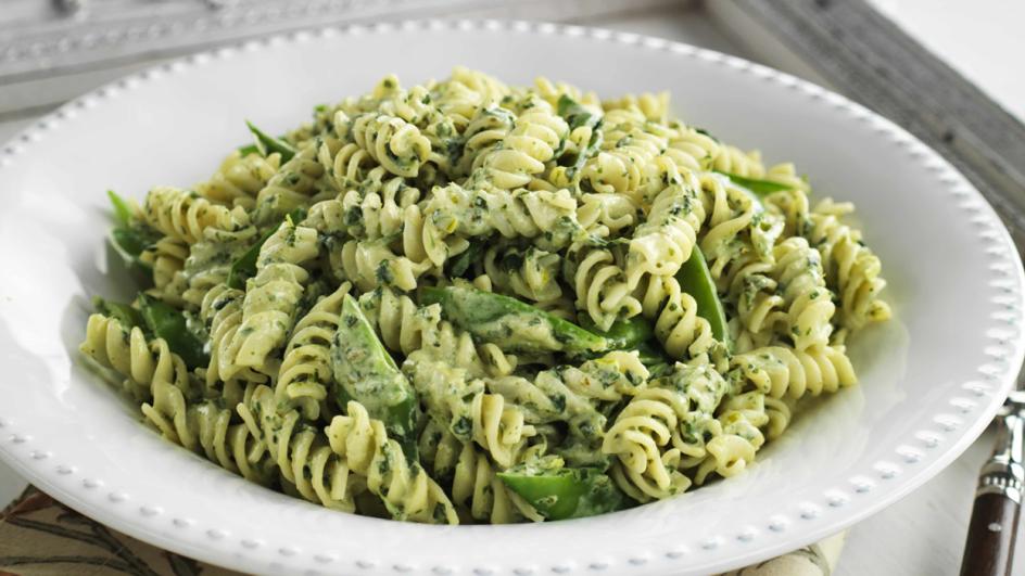 Fusilli with Spinach and Basil Pesto and Snow Peas