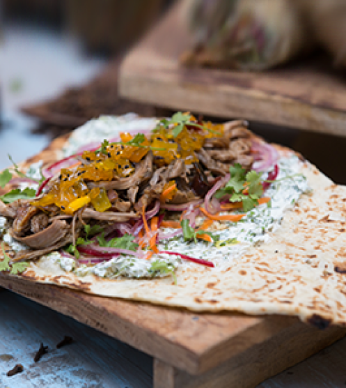 Lamb shawarma with mint and coriander dip - media description