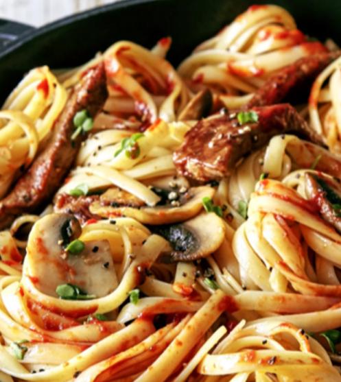 steak with mushroom pasta