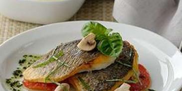 Sea Bass with Crispy Skin in Basil sauce