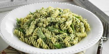 Fusilli with Spinach and Basil Pesto and Snow Peas